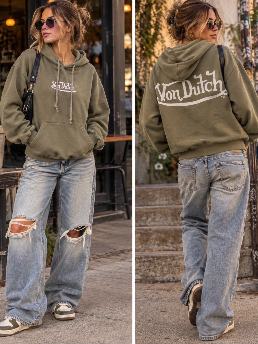 Von Dutch Pacific Republic Y2K Olive Green Logo Hoodie Size S